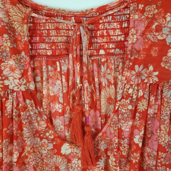 Free People Up For Anything Top Red Mesh Floral Smocked Statement Sleeve Size M - Picture 5 of 10